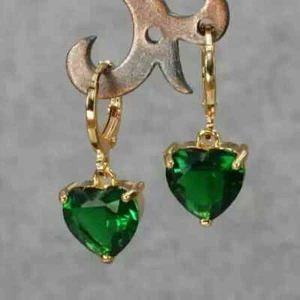 2 Ct Heart Cut Lab-Created Emerald Drop Dangle Earrings 14K Yellow Gold Plated - Picture 1 of 5