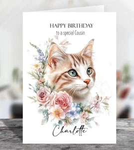 Tarjeta de Cumpleaños Brillante Personalizada Gato Floral con Sobre Kraft - Elige Talla - Imagen 1 de 3