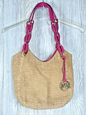MICHAEL KORS Straw Shoulder Bag with Pink Leather Trim Pockets Gold Hardware - Image 1 of 4