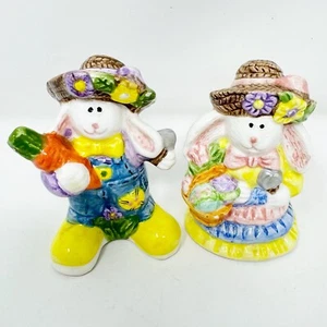 Vintage Easter Bunnies Salt Pepper Shakers Farmer Rabbits Holiday Decor Spring - Picture 1 of 7