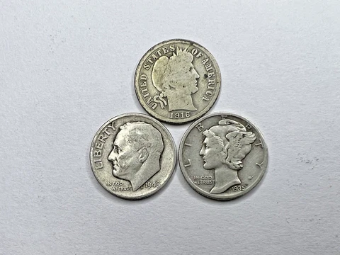 LOT OF (3)  BARBER, MERCURY, ROOSEVELT, 90% SILVER DIMES Cover