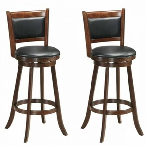 Set of 2 Swivel Bar 29" Height Stool Wood Dining Chair Rubberwood Barstool Brown - Picture 1 of 12