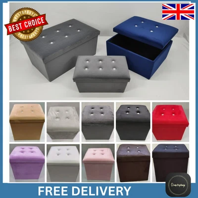 Soft Velvet Folding Ottoman Storage Box Footstool with Diamante – 2 Sizes - Image 1 of 4
