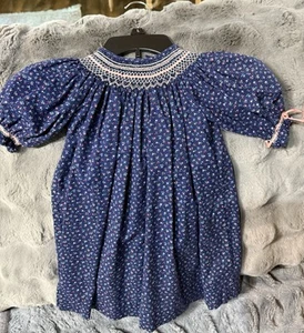 Vintage Hand Smocked Toddler Girl’s Dress. Size 2T Navy With Print - Picture 1 of 5