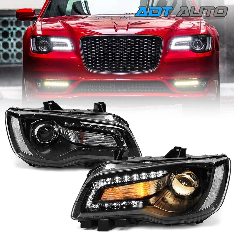 LH RH Halogen Black Projector DRL Headlights For Chrysler 300 2015-2023 w/ Bulbs Foto 1 de 4