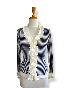 anne fontaine "parfait cru" Knopfleiste Rüschenbesatz tailliert gestreift blau Gr. 38 - Bild 1 von 14