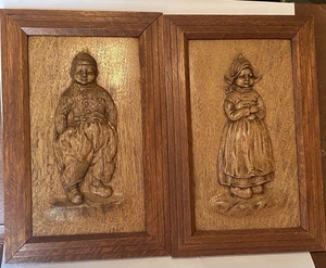 Antique Folkart Wall Art Plaques Dutch Children BOY & GIRL Ceramic Faux Wood - Picture 1 of 9