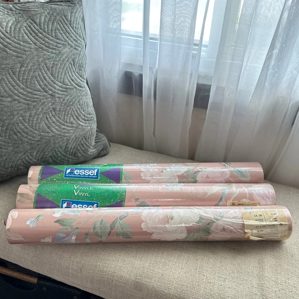NEW NWT 3 Vintage Essef Charisma II Wallpaper Pink Floral Vinyl Double Roll - Image 1 of 4