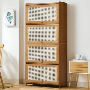 Bamboo & Rattan Storage Cabinet w/ 4 Sliding Mesh Doors Cupboard Organizer Shelf - Picture 1 of 13