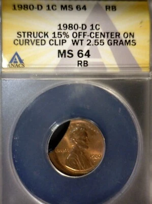 1980d ERROR ANACS MS64 Off Center + CLIPPED Lincoln Cent CH BU + Coin O/C Clip - Image 1 of 4