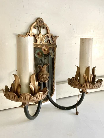 Vintage Neoclassical Double Wall Sconce, Gilt & Floral Painted Cast Metal Cover
