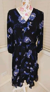 Jacqui E black & blue floral midi ruffles asymmetrical Hem dress size 12 - Picture 1 of 6