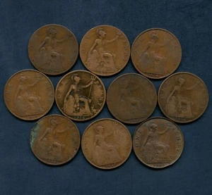 10 Great Britain 1 Penny Coins 1912-1921 Inclusive - Picture 1 of 2