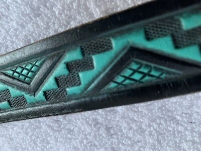 Винтажный женский ремень XS кожа ручной работы вестерн бирюза синий ацтекский гравированное серебро - Изображение 1 из 4