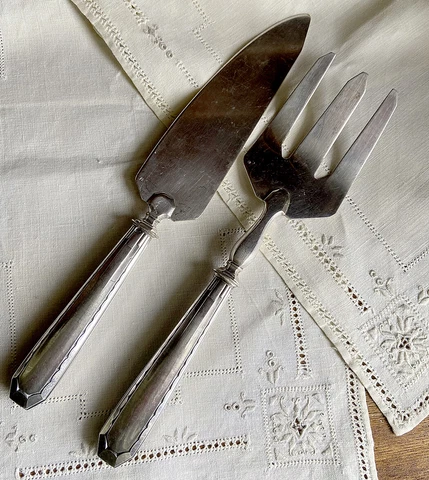 French Antique Art Deco Sterling Silver Fish Set Lg Serving Fork and Knife Cover