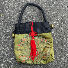 Drawstring Purse  Bag Chinese Embroidered Green Silk with Red Tassel