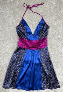 Bebe Silk Mini Dress XS Logo Halter Pink Blue Geometric 96% Silk 4% Spandex - Picture 1 of 12