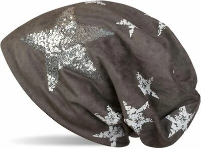 Cuffia beanie in pelle scamosciata con paillettes, stella e stampa vintage - Immagine 1 di 2