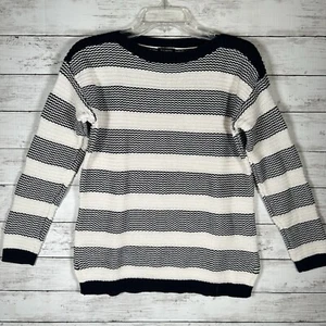 Talbots Knit 100% Cotton Sweater Navy & Cream Striped Boat Neck Nautical Medium - Picture 1 of 8