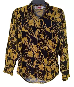 Interpretations women's blouse size M button up pocket black rayon gold pattern - Picture 1 of 12