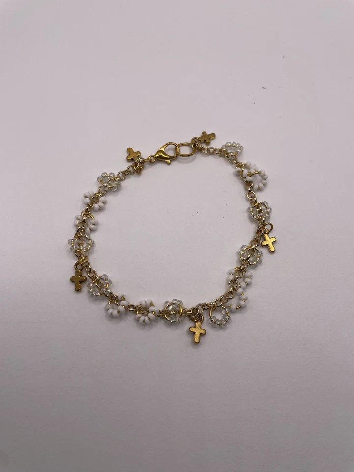 Handmade Clear And White Beaded Gold Bracelet  With Cross Charms 7 Inches - Image 1 of 1