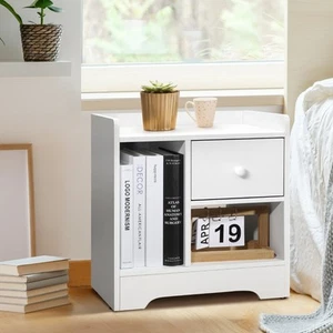 Oikiture Bedside Tables Side Table White Nightstand Storage Drawer Shelf Bedroom - Picture 1 of 10
