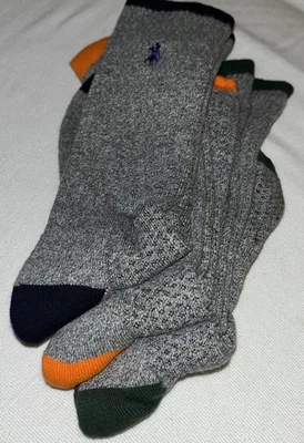 Hombre Ralph Lauren Polo Crew Calcetines 3 Pares Gris Verde Negro Naranja Foto 1 de 4