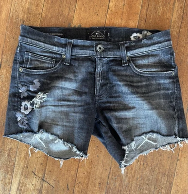 EUC LUCKY BRAND WOMENS WASHED BLACK DENIM CUT OFF SHORTS EMBROIDERED FLOWERS 25 - Image 1 of 4