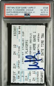 1997 Martin Brodeur PSA Ticket Signed Auto 10/Scores GOAL/Canadiens PLAYOFF NJ🥏 - Bild 1 von 5
