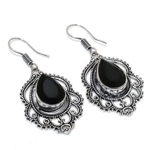 Black Spinel Gemstone Handmade 925 Sterling Silver Jewelry Earring Sz 1.5'' - Picture 1 of 1
