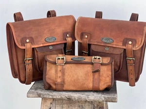 Lammfell Leder Kombo Set Für Motorrad Sattel Tasche 3 Brown Seite Packtaschen - Bild 1 von 7