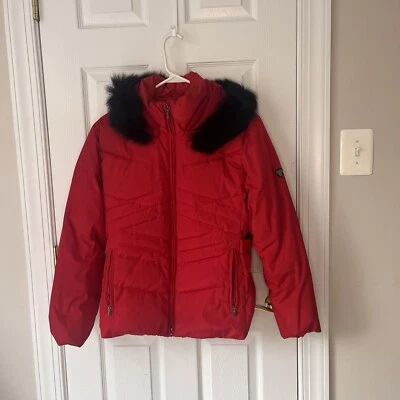 Anne Klein Down Filled Red Down Small Jacket Puffer Hooded Fox Trim Hood - Image 1 of 4