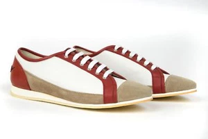 Brioni $825 NIB Red White Beige Leather Suede Fashion Sneakers Shoes 41 EU 8 US - Picture 1 of 7