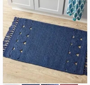 OPALHOUSE Blue Ornate Braided Kitchen Rug with Fringe 34" X 20" - Picture 1 of 5