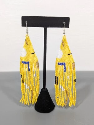 Native Style Tribal Yellow Glass Bead Woven Fringe Long Dangle Earrings - Image 1 of 4