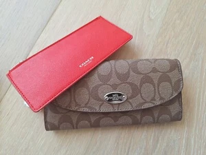 AUTHENTIC Coach Signature Canvas POP Slim Envelope Wallet KHAKI/Coral BNWT - Picture 1 of 7