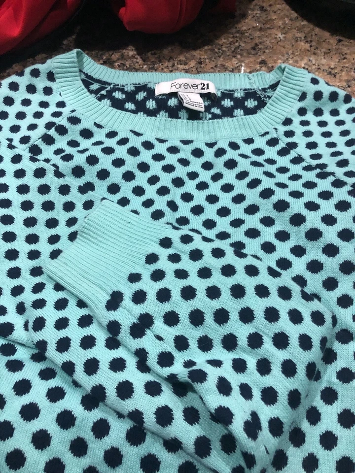 FOREVER 21 Seagreen Black Polka Dot Long Sleeve Sweater Size small Pullover  - Image 1 of 1