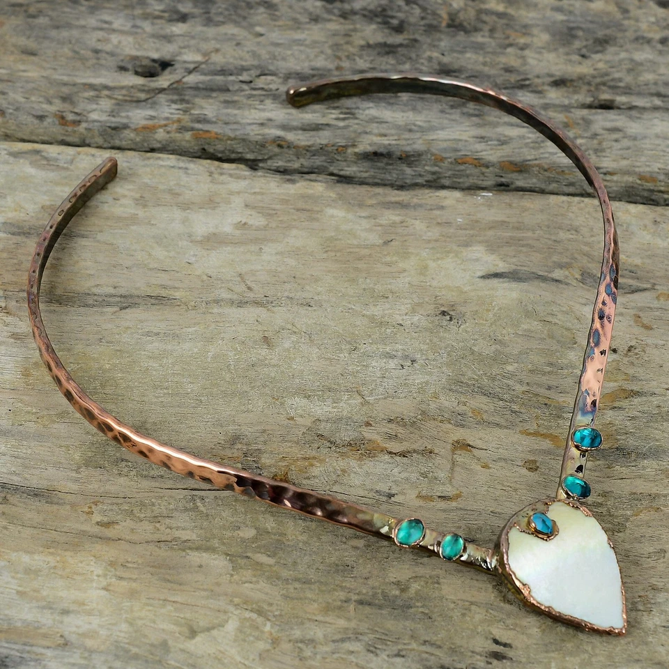 Natural Mother Of Pearl Indicolite Choker Electroformed Necklace Jewelry Copper - Image 1 of 4