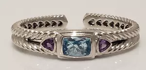 Judith Ripka Sterling Silver Amthyst & Blue Topaz Cuff Bracelet Medium - Picture 1 of 9