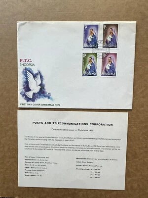 Rhodesia 1977 FDC (62)  Virgin & Child#387-390 +Peace & Dove Cachet +Card - Image 1 of 3