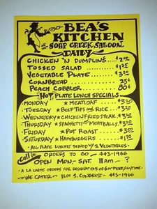 Soap Creek Saloon BEA's KITCHEN POSTER Menu Austin Texas - Picture 1 of 1