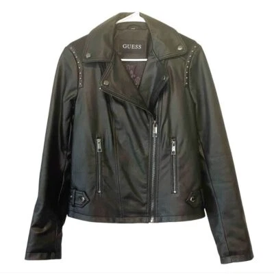 Chaqueta de motocicleta Guess talla pequeña negra de cuero sintético forrada con cremallera completa para mujer Foto 1 de 4