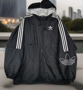 Vintage 90s Adidas Puffer Windbreaker Jacket XL Trefoil Three Stripe Black - Picture 1 of 11