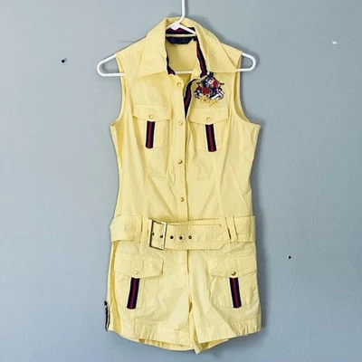 Coogie Romper Size Medium Yellow Collared Snap Up Crest Reversible Belt Jumpsuit - Image 1 of 4