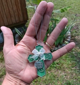 Green stained glass looking Silver tone Don't Quite charm crossbow ribbon (Y35) - Picture 1 of 3