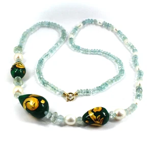 Collana Larga Acuamarina, Peridoto, Perlas, Gotas De Cerámica Pintadas A Mano - Imagen 1 de 13