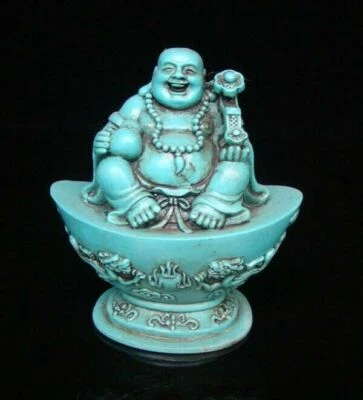 Estatua tallada hecha a mano turquesa Buda Maitreya de colección Foto 1 de 4