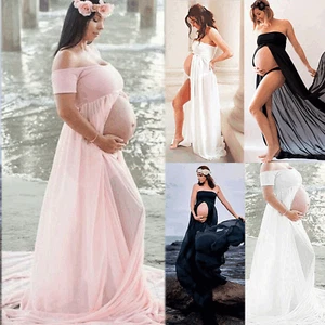 Women Pregnant Long Maxi Maternity Dress Gown Photo Photography Prop Front Split - Picture 1 of 7