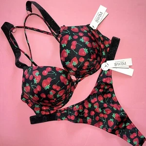 Victoria's Secret 34B,34C BOMBSHELL BIKINI S,M thong shine strap BLACK Red Berry - Picture 1 of 3