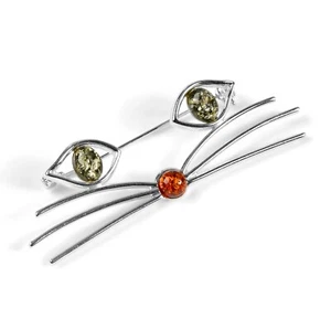 Cat Brooch in 925 Sterling Silver Amber Statement Pin Kitten Gifts for Women - Picture 1 of 5